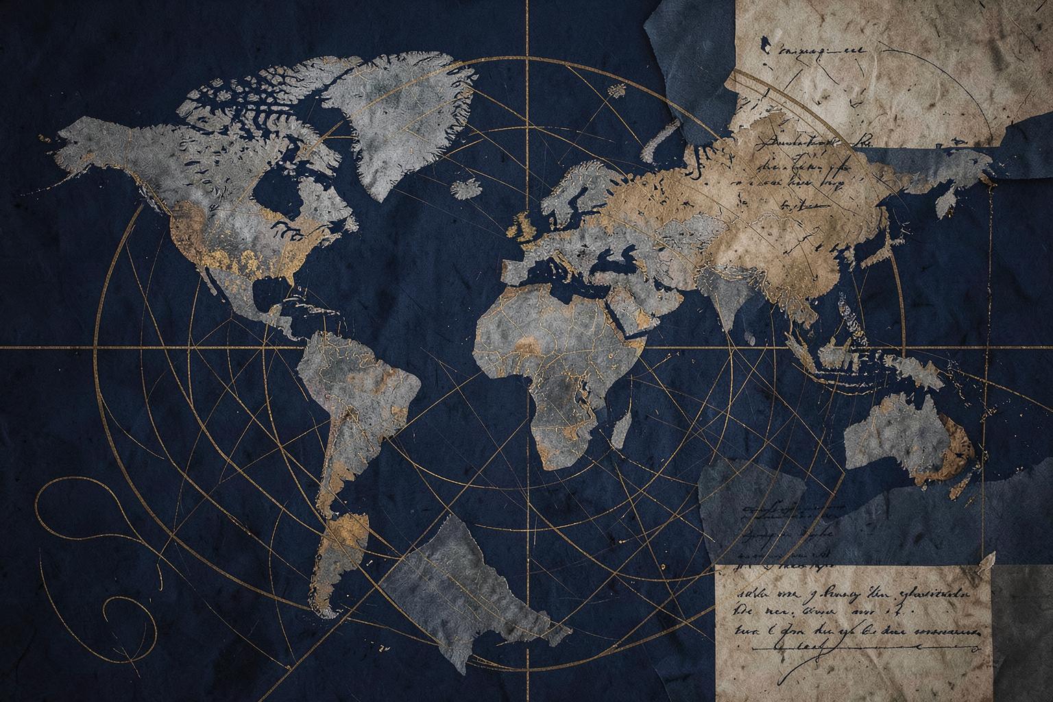 Antique world map collage in navy and gold